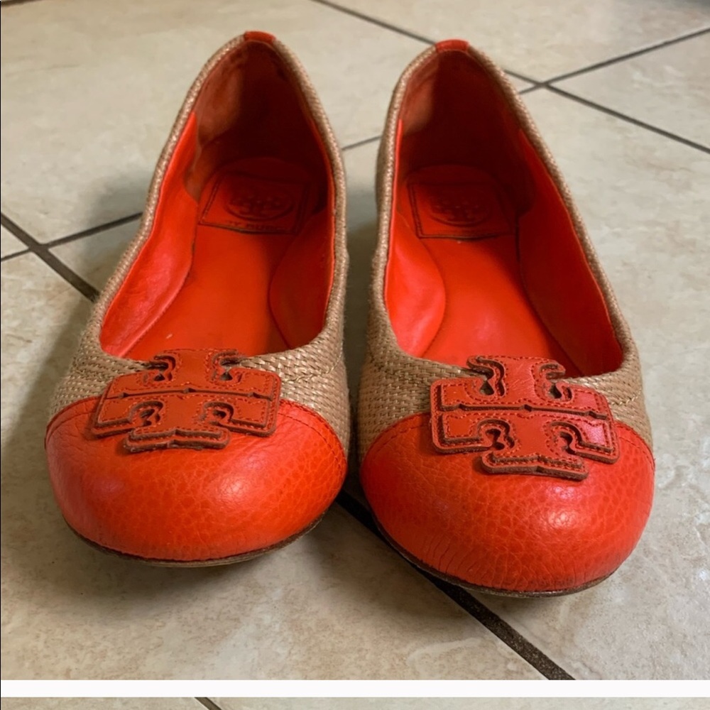 Tory Burch Orange and Tan Logo Ballet Flats